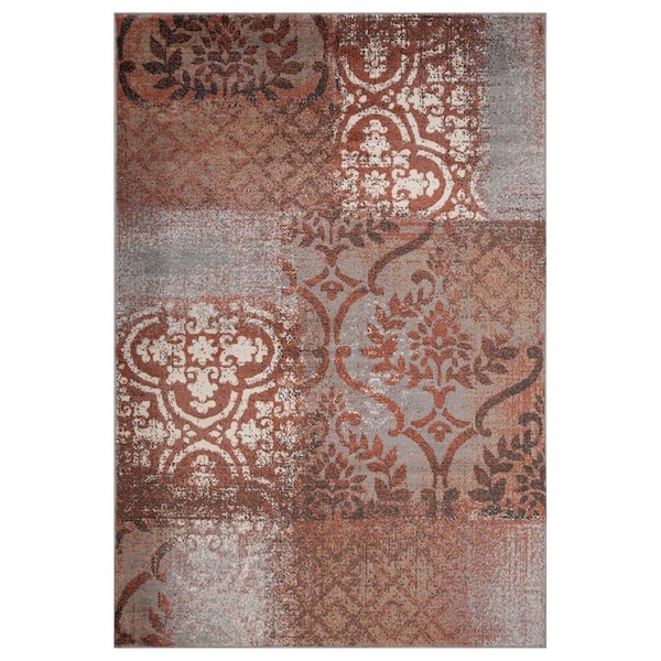 Palacedesigns 5 x 8 ft. Damask Distressed Stain Resistant Rectangle Area Rug - Rust & Gray PA3108892 - main